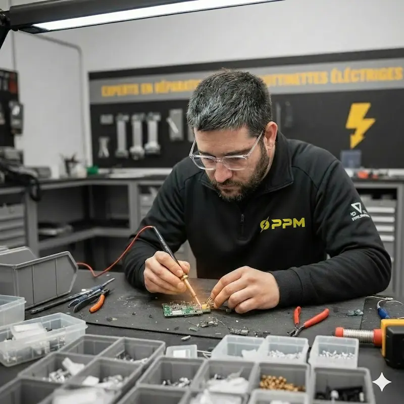Technicien réparant une carte électronique dans l’atelier